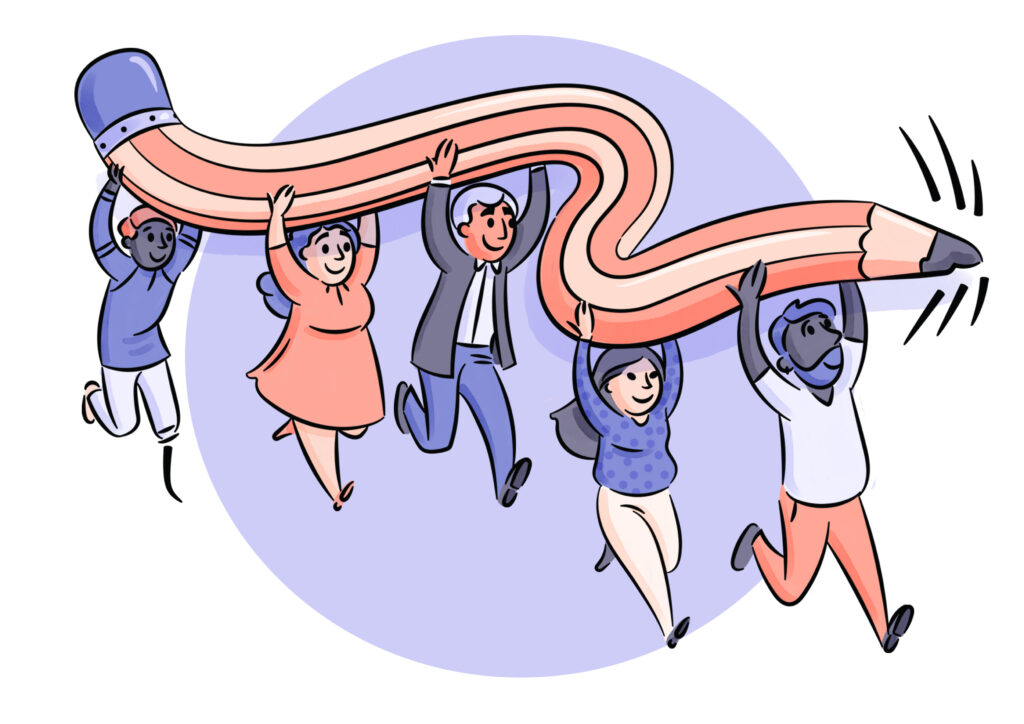 An illustration of five people, spanning a diverse range of age, skin colour, gender, body type, and disability, are carrying a large bendy pencil, reminiscent of a dragon carried at Chinese New Year