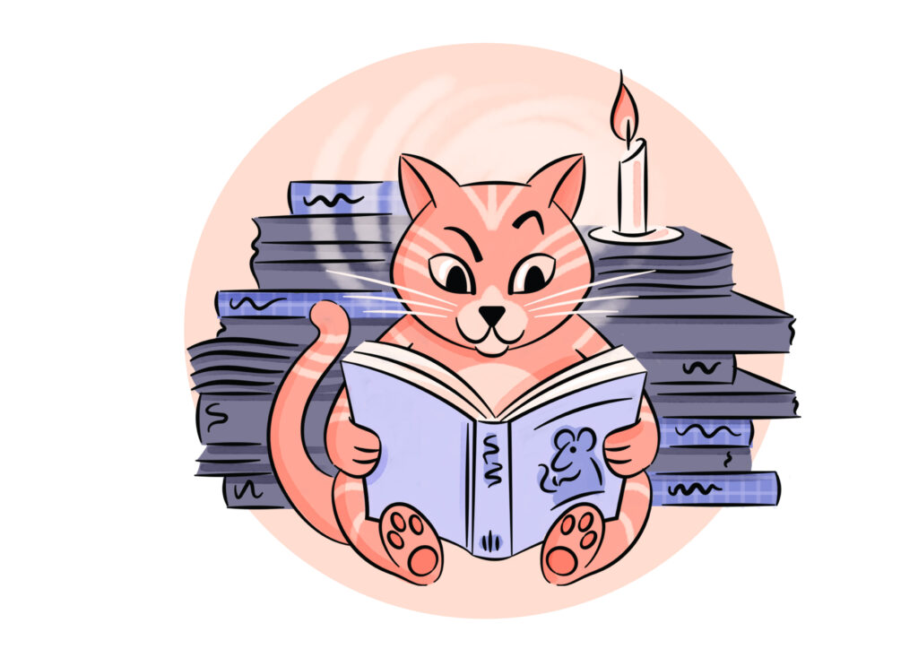 An illustration of a domestic short-haired cat leaning against a pile of books. The cat is engrossed in reading a book on its lap, lit by a candle flickering behind it.