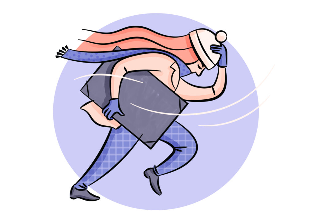 An illustration of a young artist walking, head down, against a strong headwind, clutching her portfolio with one hand, and her hat with the other.