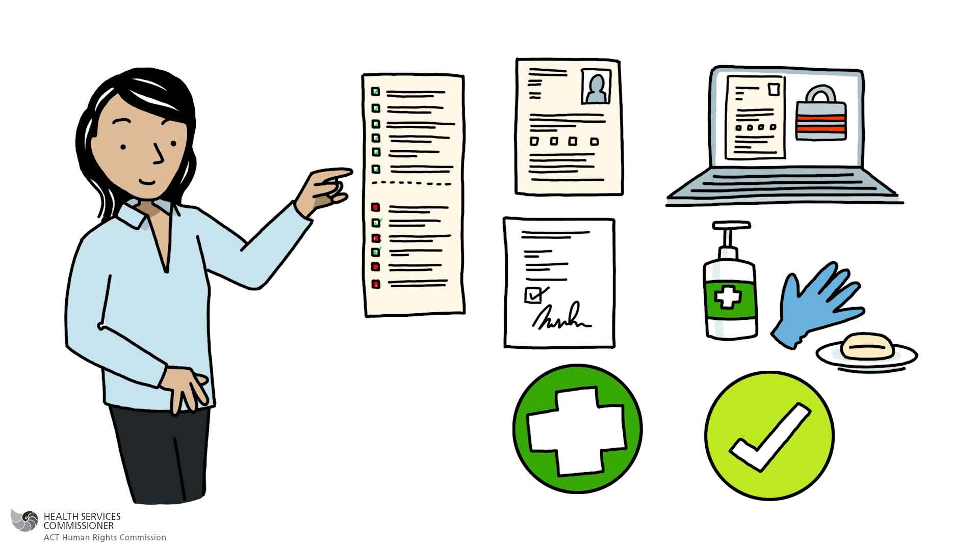 A person points at various healthcare-related icons, including a checklist, identification form and green cross and checkmark symbols.