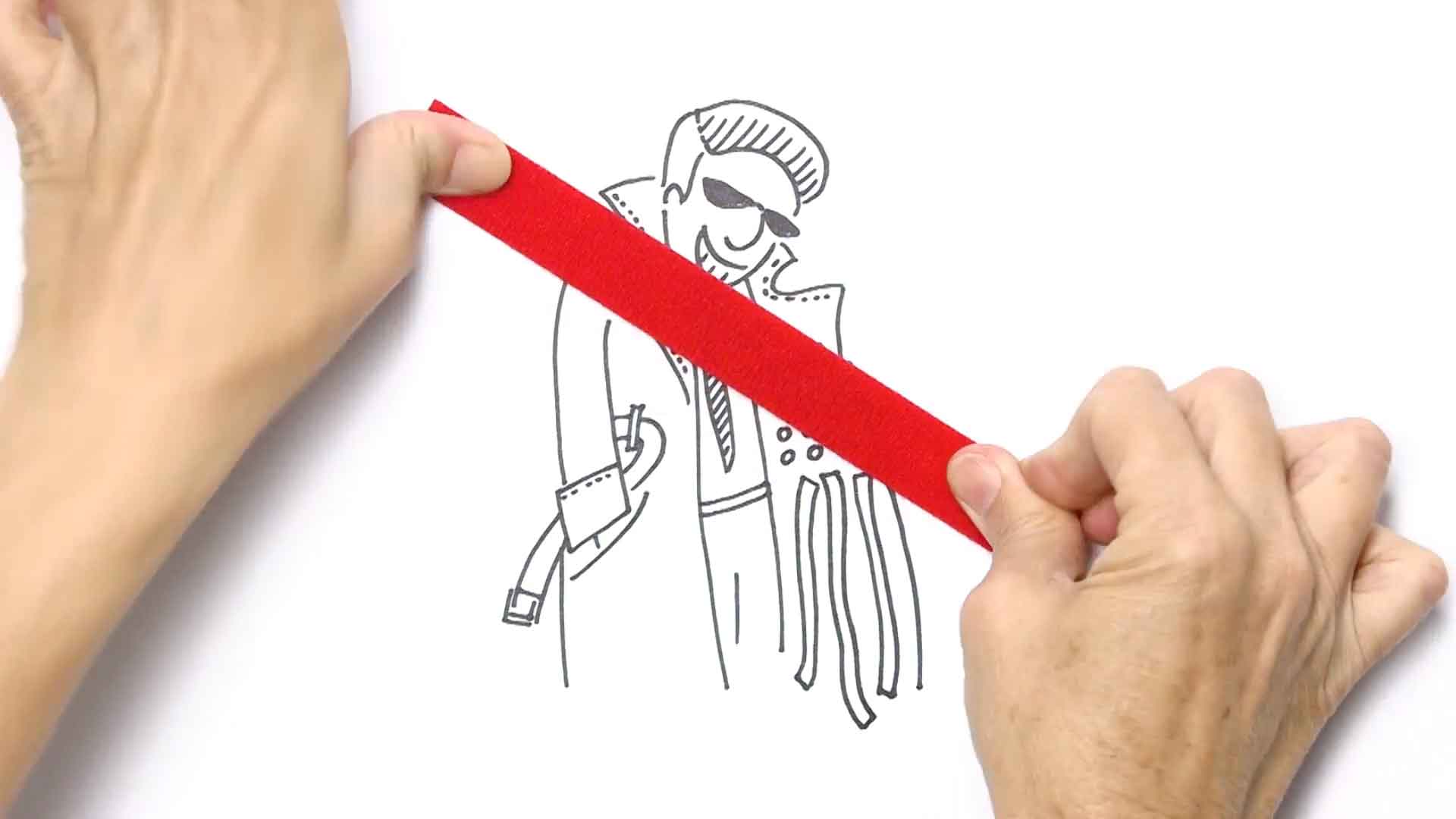 An illustration of a suspect looking salesperson, who is trying to sell imitation products that he is revealing from inside his trenchcoat. Two hands are placing a red VELCRO® brand strip across the image, indicating that this activity is not permitted.