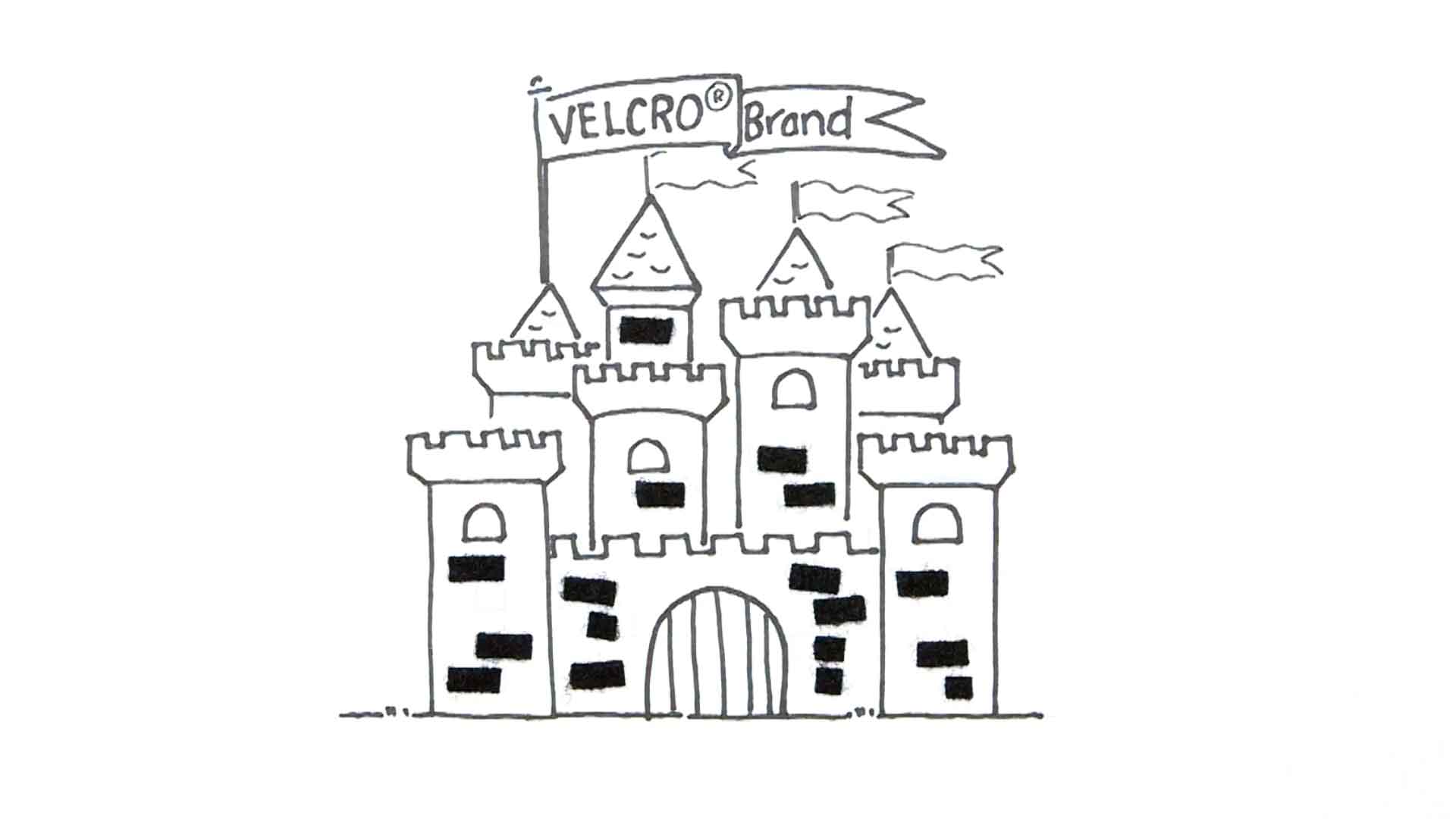 An illustration of a medieval castle, flying three flags. One of the flags reads: VELCRO® Brand. Some of the bricks in the illustration have been created using brick-shaped strips of a VELCRO® Brand product