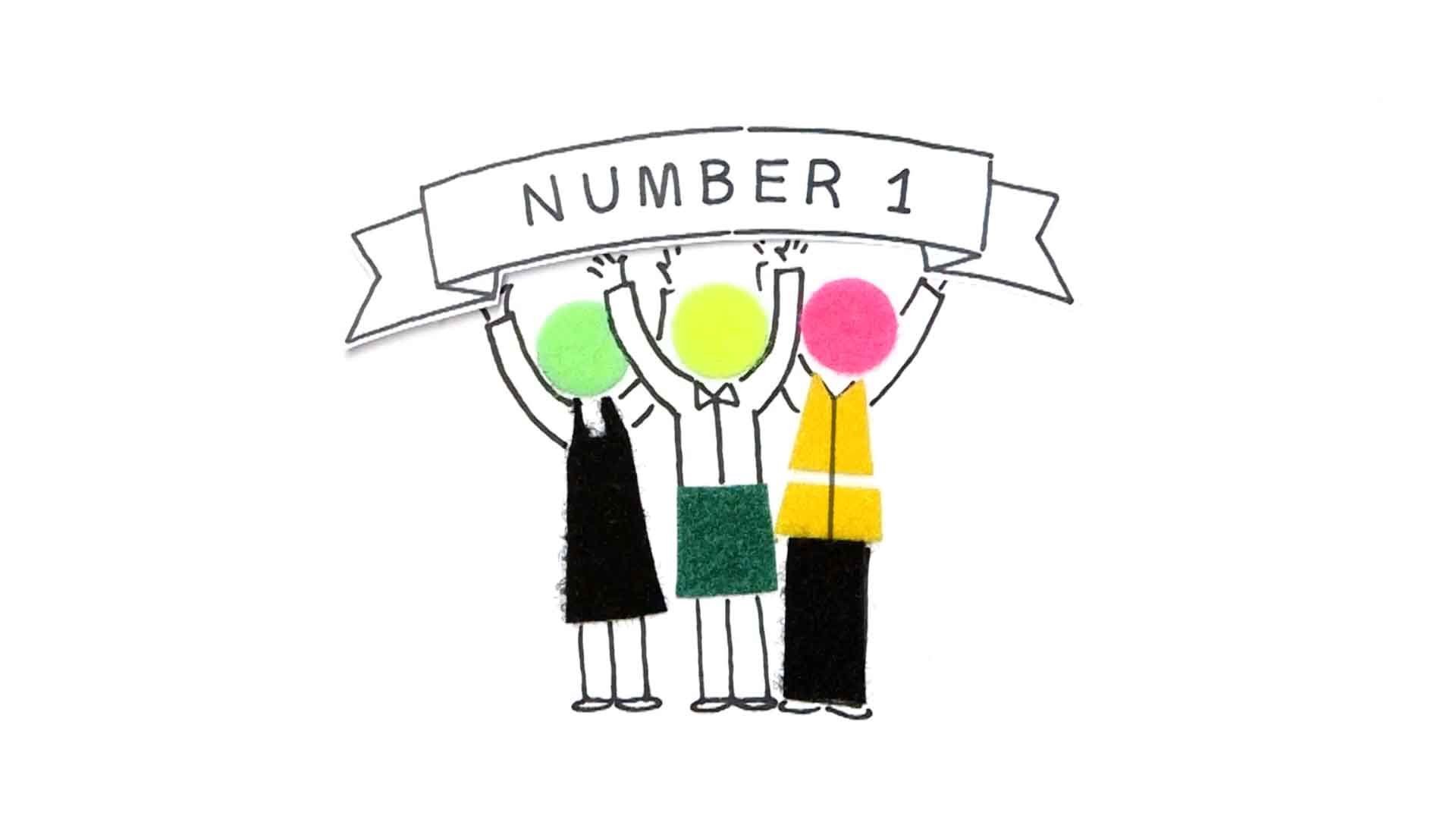 An illustration of three people proudly holding a banner that reads: Number 1. The three figures have been created using a VELCRO® brand sticky dot as their head. They are wearing, from left to right, a black dress, a green skirt, and a high-vis vest.