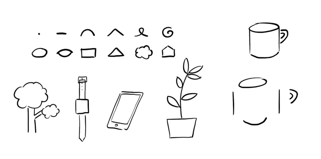 Drawing of a visual alphabet consisting of various different shapes that can be combined to form a drawing of a mug, a tree, a watch, a tablet and a pot plant.