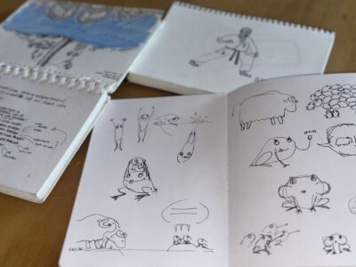 Photo image of a few notebooks with drawing and sketches of animals such as sheep and frogs, as well as a man practicing a martial art in martial attire with a black belt.