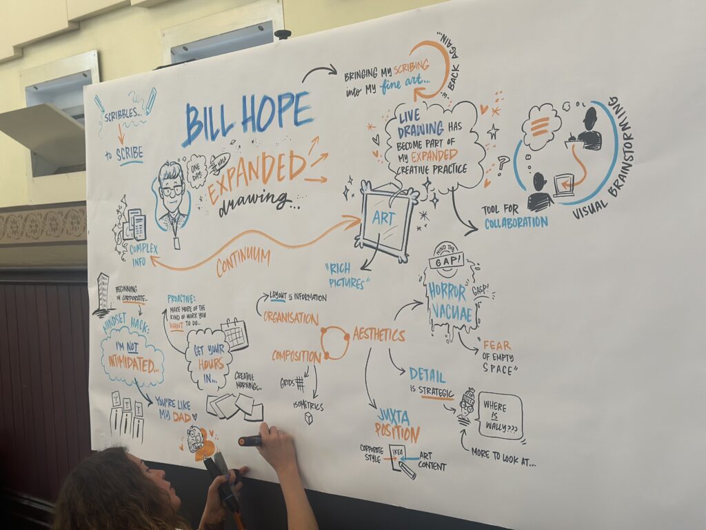 Alice Edy in the middle of graphic recording Bill Hope's opening keynote presentation at VizConf 2024