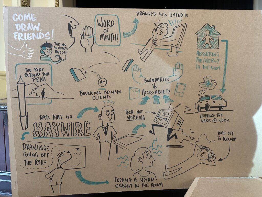 Bill Hope's graphic recording of the discussion panel at VizConf 2024