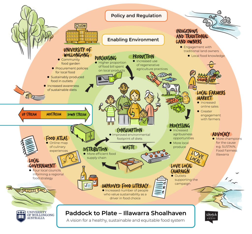 An illustration of concentric circles that depicts the food ecosystem for the Illawarra Shoalhaven area, including Up Stream activities such as advocacy and local government strategy, through to Down Stream activities like production, processing, distribution, purchasing, consumption, and waste.